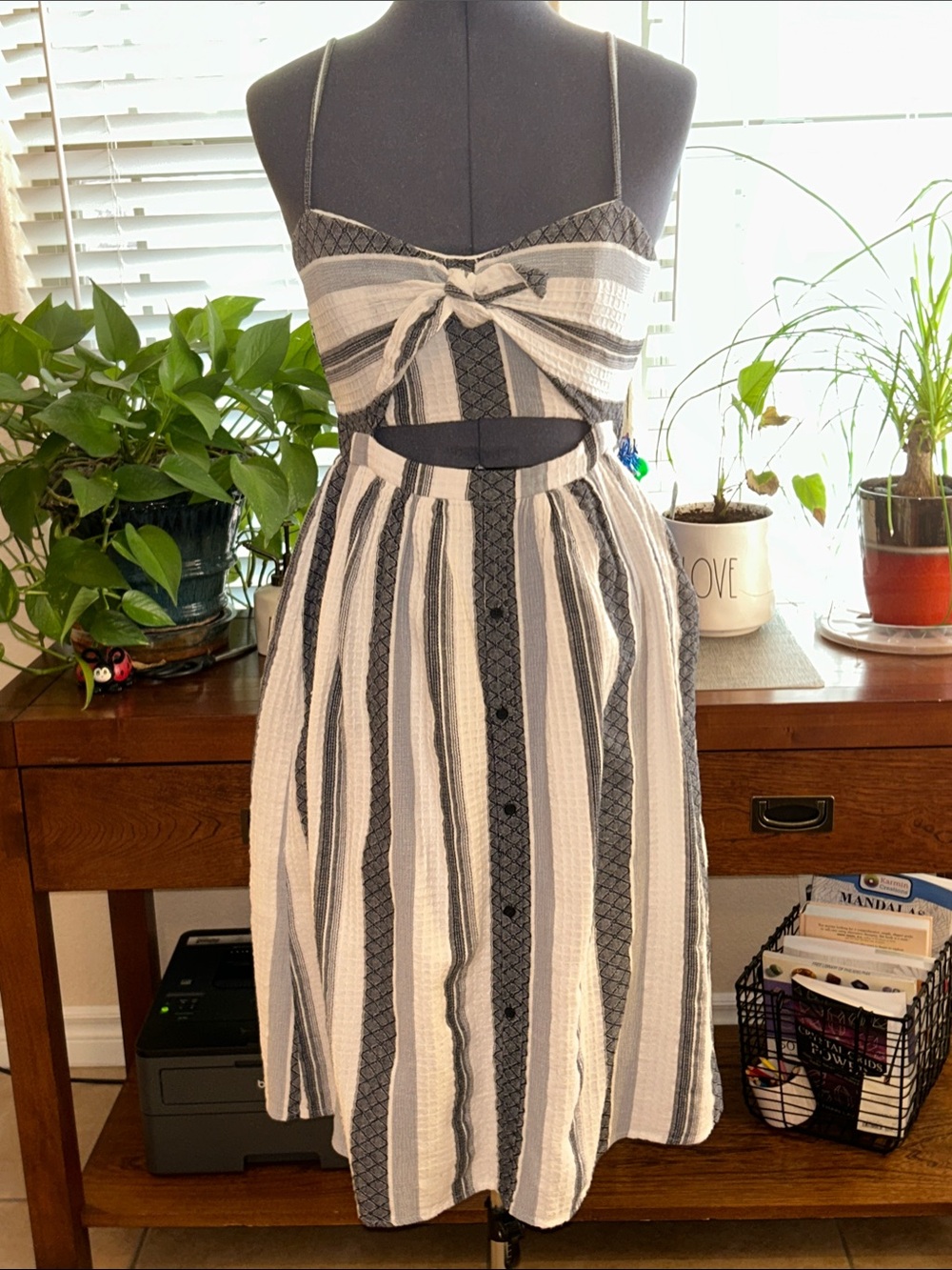 Bardot Blue & White Striped Cutout Midi Dress